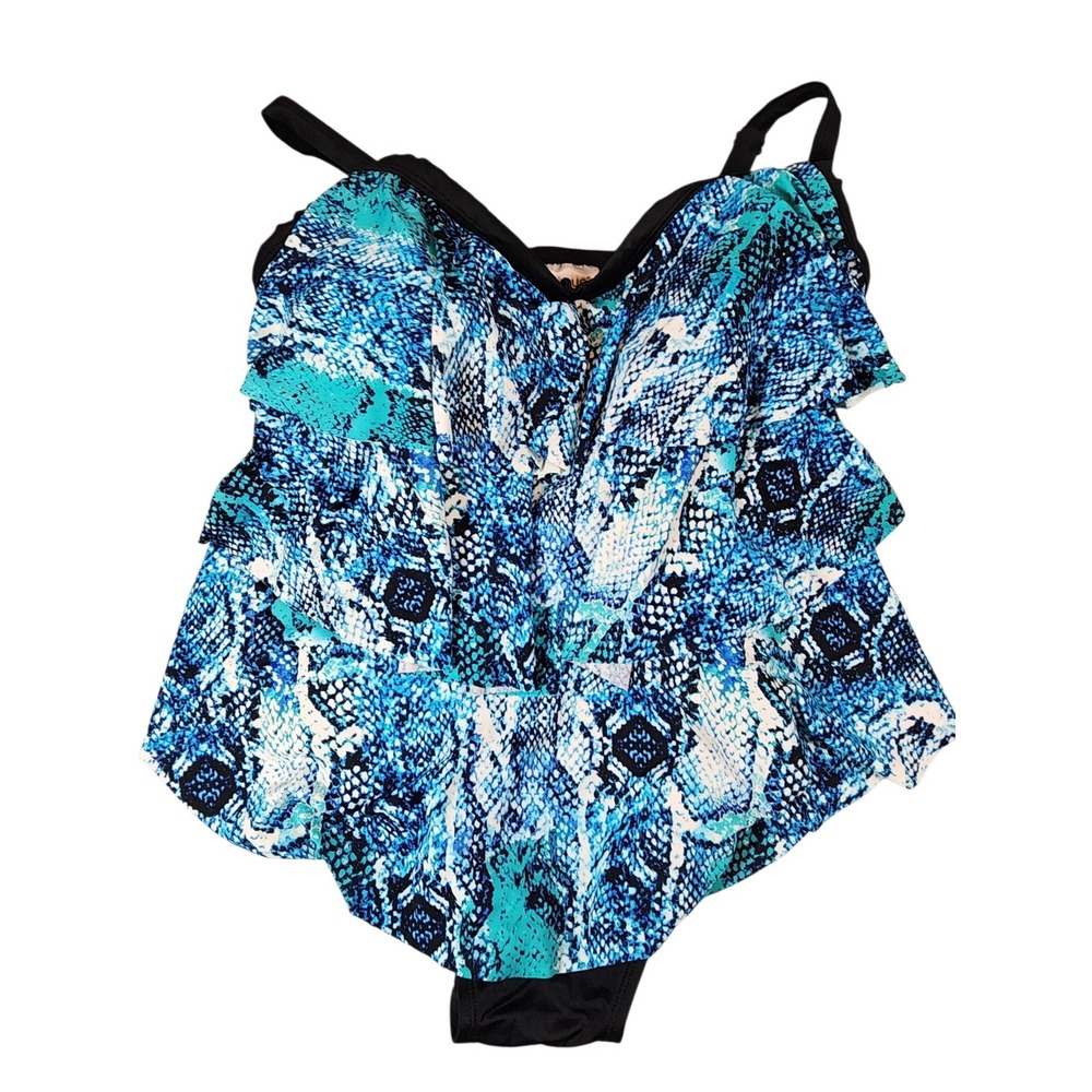 Avenue one piece swimsuit Women 18 Blue Snakeskin Tiered Ruffle Adjustable Strap
